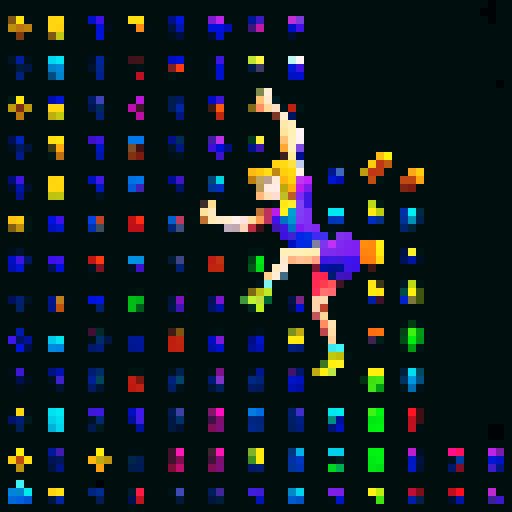 character in dynamic pose, sprinting with arms outstretched, running shoes with vibrant colors, diagonal movement, spritesheet capturing 8 directions, sitting on a ledge, legs dangling, climbing a ladder with determined expression, pixel art style, vibrant sRGB colors