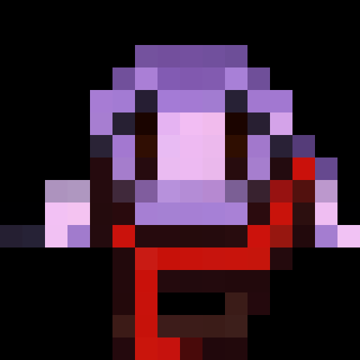 A suspicious false hero with lavender hair and leather armor