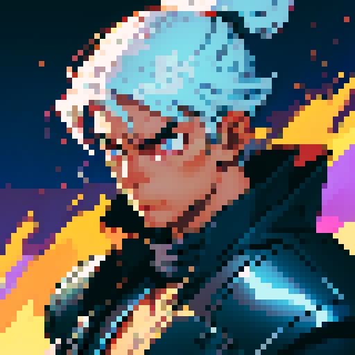 male warrior with a sleek, silver helmet, fierce eyes, broad shoulders, muscular arms, and a determined expression, rendered in vibrant, retro pixel art, portrait