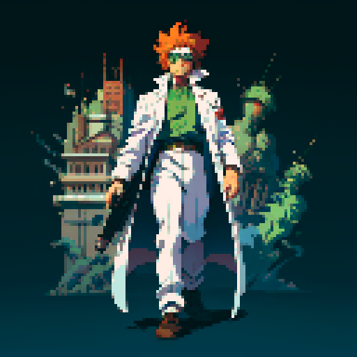 mad scientist facing left, lab coat, goggles, full-body image, pixel art, sRGB, no backdrop, no background