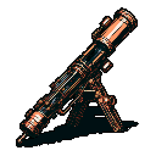 I want a tall vertical copper structure reminiscent of a minigun's barrel. It should have strange mechanical details that could interlock with each other. I also want this object usable an asset in a videogame, meaning only one object per image, outlined with a strong black stroke, on a solid-color background.