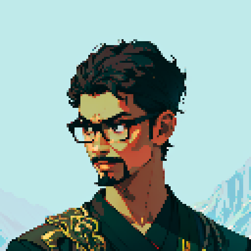 Southeast Asian man, short curly hair, round glasses, tanned, goatee, diamond shaped face, black eyes, age 25, wearing a robe