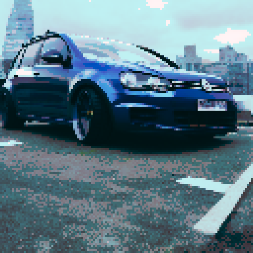 Drifting Volkswagen Golf Mk2, surrounded by towering skyscrapers and a vibrant cityscape, all rendered in a dynamic anime style.