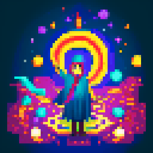Wizard, flowing robe, vibrant colors, stars and moons, magical staff, swirling patterns