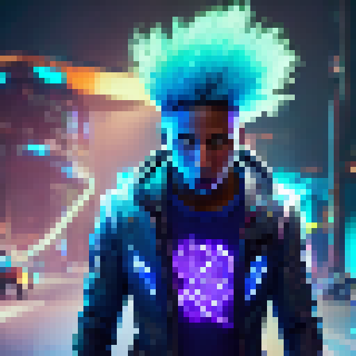Electric blue-haired Ekko from League of Legends zipping through a neon-lit, futuristic city on his hoverboard, evading enemy attacks and leaving behind a trail of vibrant colors in a cyberpunk art style.
