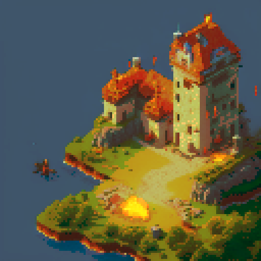 Dragon breathing fire on an ancient castle as soldiers flee in terror, all depicted in a pixel art style with vibrant sRGB colors.