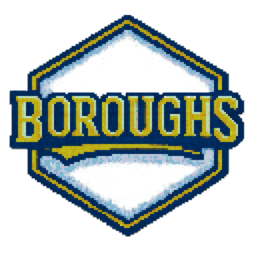 Pixel art of a fictional baseball team called the Boroughs. It is a reference to NY. Just showcase the text over a pentagon. Light gray, dark blue and dark yellow, sharp outlines, and soft pixel shading. The logo design mimics 80s MLB logos. Use a vibrant Sega Genesis 16-bit style with selective dithering, geometric forms, and nostalgic retro charm. Avoid modern gradients—keep it pure pixel art.