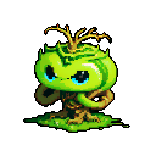 A large, powerful creature made of intertwined vines and roots. It has sharp thorns, glowing yellow eyes, and a fierce expression. It moves with a menacing grace, ready to ensnare its enemies. No background.
