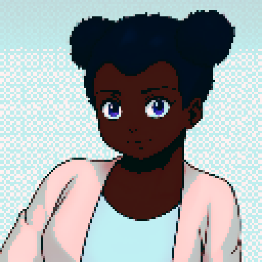 Teenage black girl with navy blue hair and purple eyes