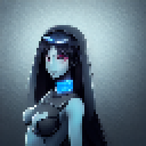 Black hair girl with futuristic armor, grey color with blue lights 