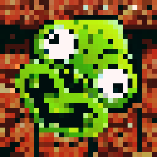 A twisted green Hei Tiki head, wide-eyed and contorted, exuding a mix of mischief and madness, stylized with bold lines and exaggerated features with dark brown māori carving background.  as a 32x32 pixel game icon, rendered with skillful pixel art in sRGB colors