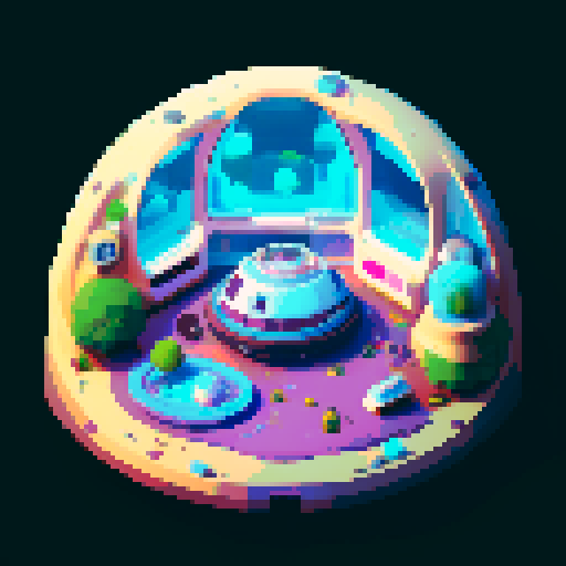 rounded spaceship interior, smooth curved walls, large windows showing space, gachapon-like design, cryo-pod in the center, pixel art, sRGB