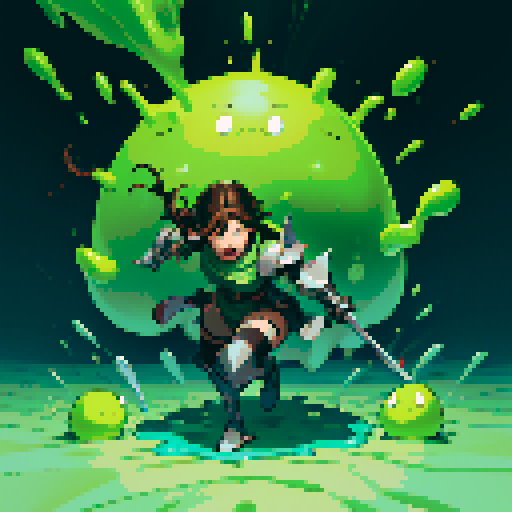 slime surging up around someone, slime engulfing a hero, slime consuming a hero, hero getting engulfed by slime, slime attack, dynamic, slime slamming into someone, impact, splashing slime, full-body image, full-body art, metal armor, brown hair