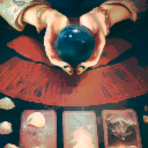 A close-up of a woman's hands over a table during a tarot card reading in a medieval dark style. The table is adorned with elements of the ocean such as sea shells, sand, and small pieces of coral. The atmosphere is mystical and dimly lit, with candlelight casting shadows that enhance the eerie and magical mood. The woman's hands are gracefully poised over the cards, which also have oceanic designs like waves and mermaids.