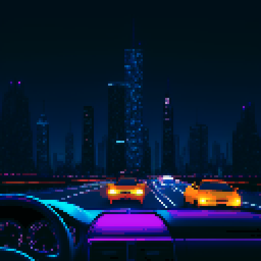 car dashboard illuminated with city lights, cruising along a bustling highway, surrounded by towering skyscrapers and a depressing skyline, under a pollutedt sky, capturing the essence of mystery and depression
