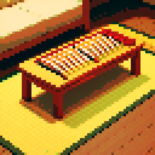 Koto, traditional Japanese musical instrument, elegantly positioned on a wooden floor, rendered in pixel art with vibrant sRGB color palette