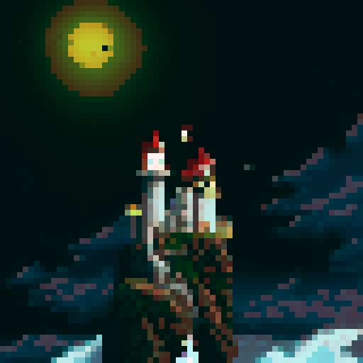 A towering lighthouse stands tall against a stormy sky, surrounded by choppy waves and rugged cliffs, with seagulls circling above