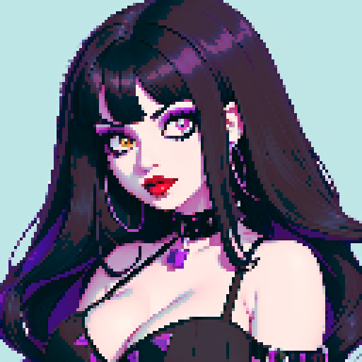 curvy, cute busty goth woman's face, whole head portrait, black hair, purple eyeshadow, red lipstick, low cut black halter top, studded collar, vibrant sRGB colors, pixel art, edgy aesthetic.