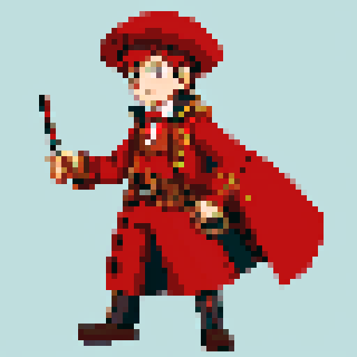 steampunk young man, red coat, red hat, 2D game stance, pixel art, sRGB