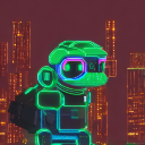Pepe's cybernetic arms, adorned with neon green circuitry, deftly manipulate holographic data as he navigates through a Tron-inspired, neon-lit cityscape, with pixelated buildings stretching towards the virtual sky.