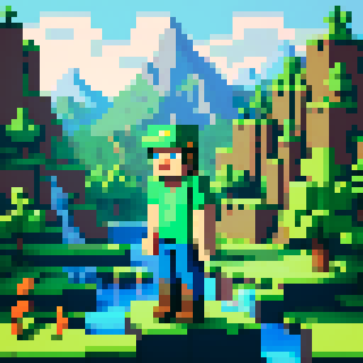 minecraft steve wearing a green fedora hat, surrounded by a vibrant, pixelated landscape with towering mountains, lush forests, and a sparkling blue river