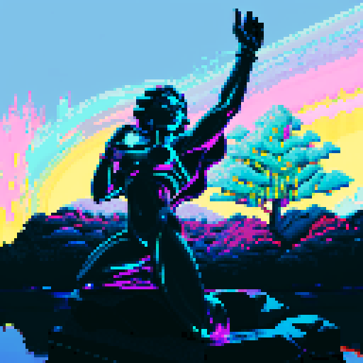statue bathed in moonlight, vibrant colors illuminating, glowing pixels surrounding, mystical aura emanating, sharp edges defining, surreal atmosphere enveloping, neon shades contrasting, digital brushstrokes capturing the pixel art, sRGB style