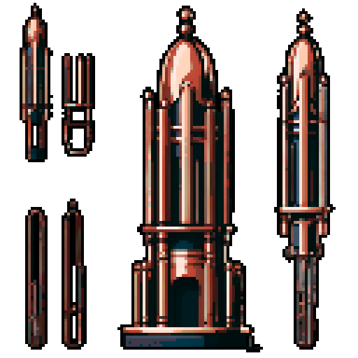 I want a tall vertical copper structure reminiscent of a organ pipe. It should have strange mechanical details that could interlock with each other. I also want this object usable an asset in a videogame, meaning only one object per image, outlined with a strong black stroke, on a solid-color background.