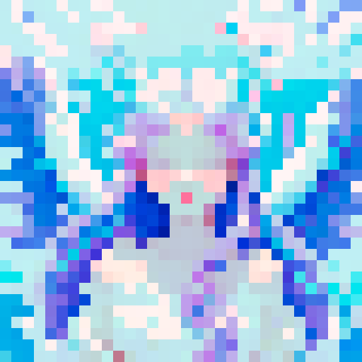 Beautiful ethereal angel with chrome wings, flowing hair, and a serene expression, floating in a dreamlike landscape of pastel clouds and shimmering stars, rendered in pixel art with crisp, defined lines and a vibrant sRGB color palette