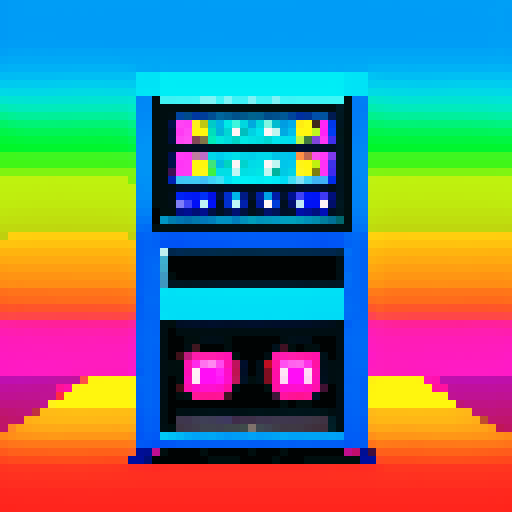 pa system, retro, 8-bit, vibrant colors, pixelated speakers, glowing buttons, horizontal lines, blocky typography, low resolution, neon lights, digital display, geometric shapes, arcade vibes, 80s aesthetic, electric blue, red and yellow, nostalgic