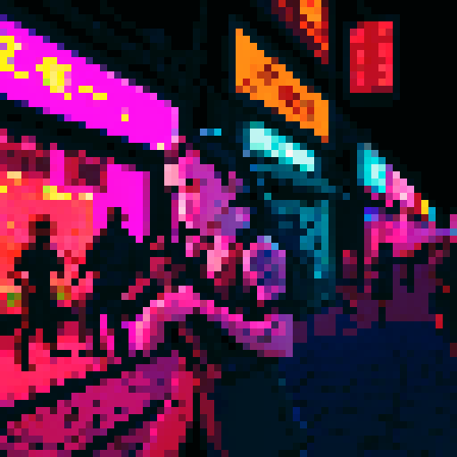 Street merchant assassin girl, neon-lit night market, slicked-back hair, pixelated sniper rifle, fluorescent tattoos, sRGB glow, bustling crowds.
