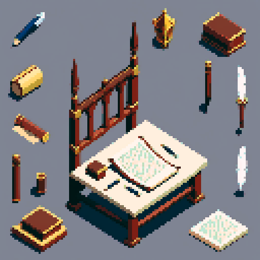  block, wood, isometric, medieval, writing table, feather pen, ink, paper, papers, royal seal, law, dark, close, royal decree