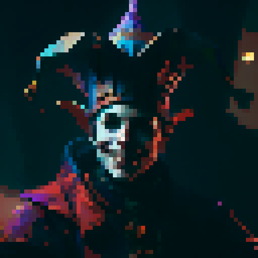 jester, vibrant colors, elaborate costume, mischievous expression, medieval backdrop