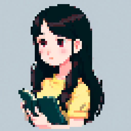 portrait, sprite art, young woman, dark eyes, dark hair, shy girl, awkward, cute, soft eyes, autistic, cozy, shy, bookworm, timid, stardew valley