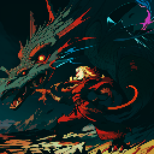 red dragon, fiery scales, sharp claws, fierce expression, towering presence, detailed pixel art, vibrant colors, textured scales, intricate patterns, glowing eyes, majestic wings, powerful tail, smoke billowing from nostrils