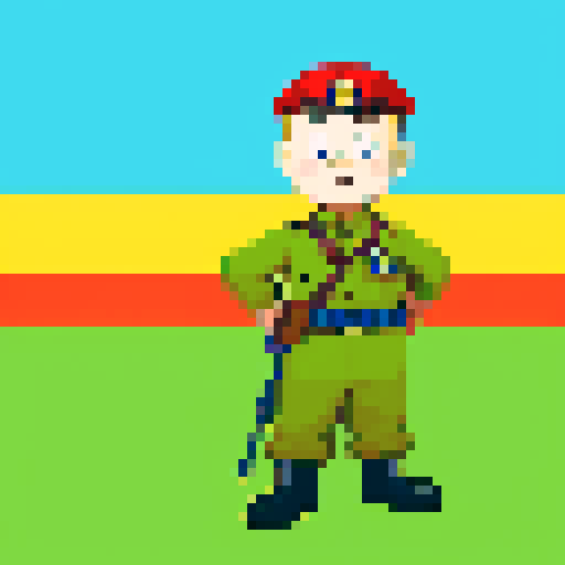World war 2 British soldier, TinTin style, vibrant colors, bold outlines, pixel art, sRGB