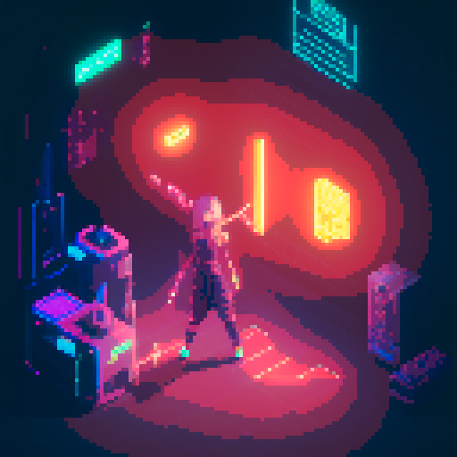 cyberpunk anime girl, fluorescent tattoos, glowing staff, neon-lit night market, bustling crowds, pixel art
