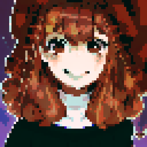 Brown and red-haired girl with a beaming smile framed by billowing blue curtains, captured in a character portrait with close-up details and an anime style, rendered in pixel art