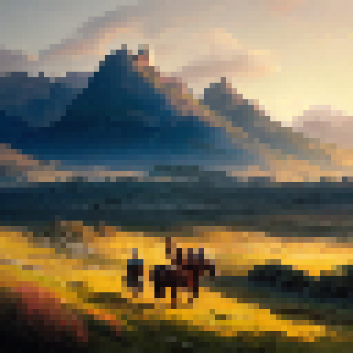 Rohan's vast grasslands stretch to the horizon, dotted with galloping horses and armored riders, as the sun sets behind the mountains, casting a warm, orange glow on the medieval castle in the distance, all depicted in a realistic, oil painting style.