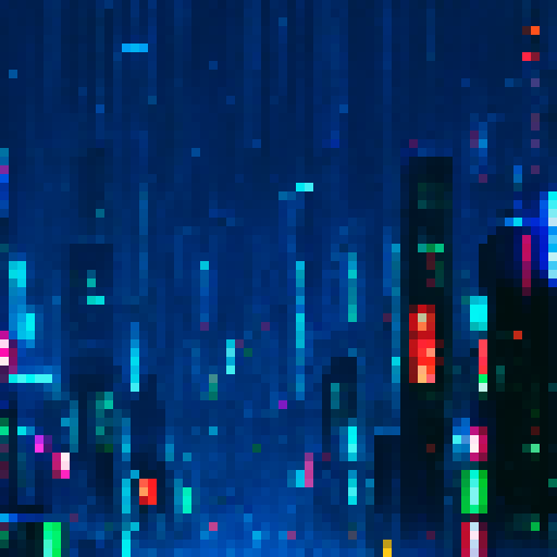 Neon skyscrapers towering over a bustling street, brightly lit signs reflecting off wet pavement, with cars and pedestrians rushing by in a pixelated, sRGB cityscape