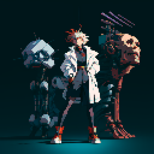 full-body image mad scientist facing left, standing on robot