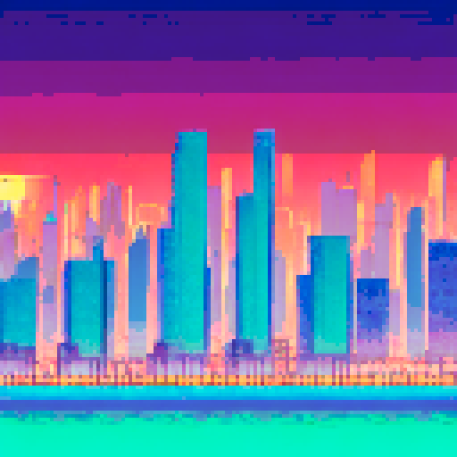 Sun-kissed palm trees towering over a pastel-colored Miami skyline, dotted with neon-lit high rises and art deco architecture