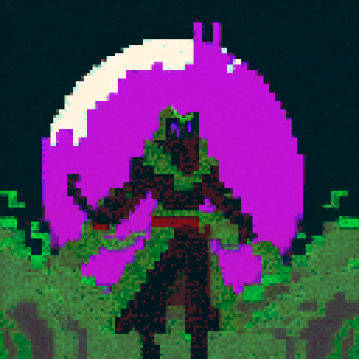 Hooded warlock with glowing eyes casting spell, surrounded by swirling purple mist, holding ancient tome, standing on rocky cliff overlooking moonlit ocean, with pixelated waves crashing below.