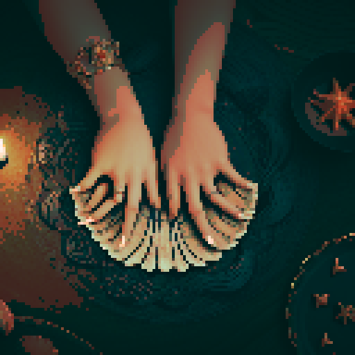 A close-up of a woman's hands over a table during a tarot card reading in a medieval dark style. The table is adorned with elements of the ocean such as sea shells, sand, and small pieces of coral. The atmosphere is mystical and dimly lit, with candlelight casting shadows that enhance the eerie and magical mood. The woman's hands are gracefully poised over the cards, which also have oceanic designs like waves and mermaids.
