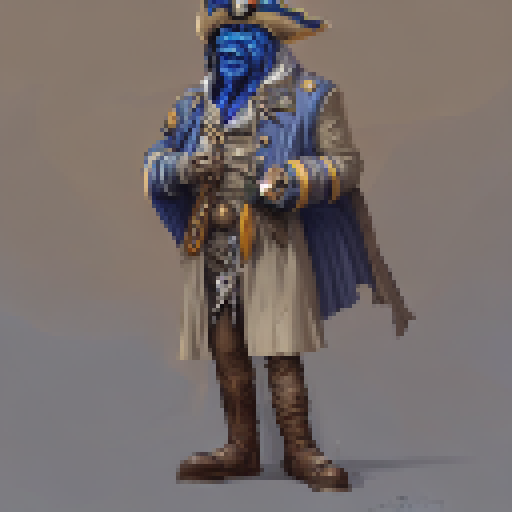 a pirate captain with a blue gemstone eyepatch covering his blind eye and a mechanical and wooden prosthetic leg. He likes to play with his blue gemstone dagger and wears a blue robe leather coat. He bullies a cthulhu-like creature that he keeps in a metal box.