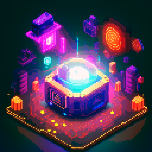 lootbox, futuristic crate, glowing buttons, golden box center with sei crypto network logo in middle, intricate details, pixel art style