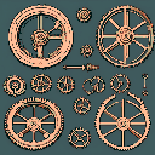 I want a copper gear that looks like it was made by a master clockmaker. It should have strange mechanical details that could interlock with each other. I also want this object usable an asset in a videogame, meaning only one object per image, outlined with a strong black stroke, on a solid-color background.