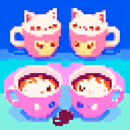 Pixelated cats with vibrant fur and expressive eyes, surrounded by steaming mugs of coffee and whimsical pastel-colored furniture