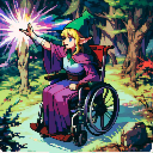 wheelchair-bound elf, magic, forest, pointy hat, vibrant colors, whimsical, pixelated, sRGB