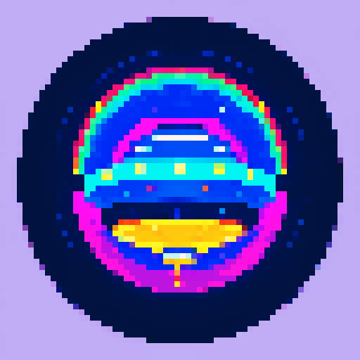 silver ufo, neon glowing, retro pixel art, night sky hovering, light beams shooting, vibrant sRGB colors, pixel art, sRGB,viewed from below at a diagonal angle