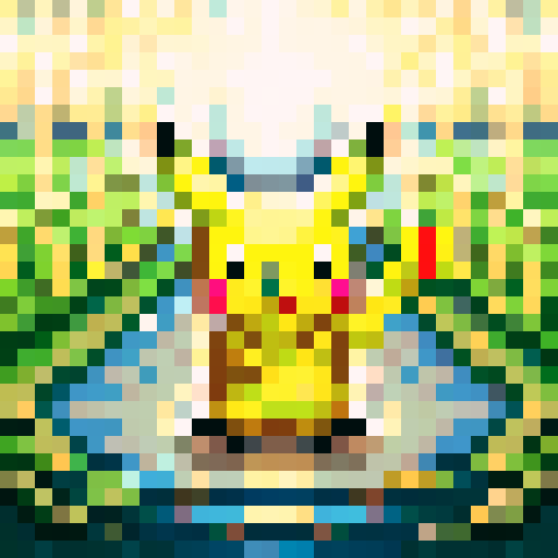 Pikachu in a pond, vibrant colors, pixelated details, sRGB color profile, close-up of face, skillfully crafted, game icon style, 32x32 pixel art, portrait composition